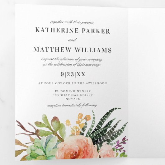 エレガントな多肉植物とバラのオールインワン結婚式写真 三つ折り招待状 (内部最初)