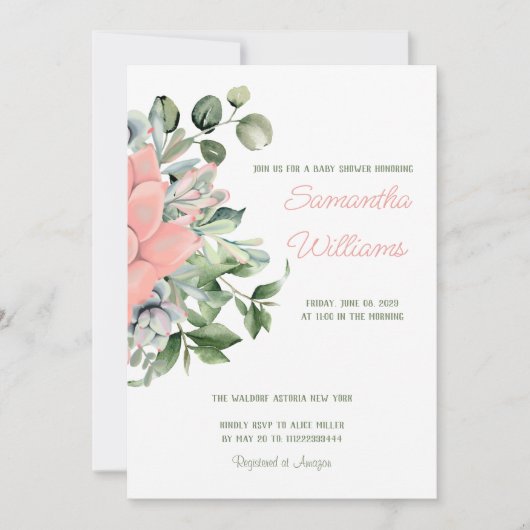 エレガントな多肉植物の水彩ボタニカルグリーンピーチ 招待状 (正面)