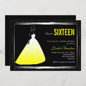 エレガントな夜会服の黄色のSweet sixteenの招待 招待状 (正面/裏面)