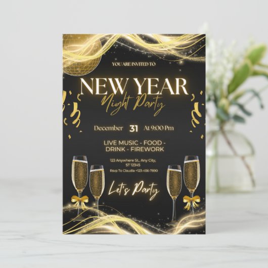 エレガントな大晦日パーティーの招待状 - ゴールド&ブラック 招待状 (スタンド正面)