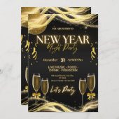 エレガントな大晦日パーティーの招待状 - ゴールド&ブラック 招待状 (正面/裏面)