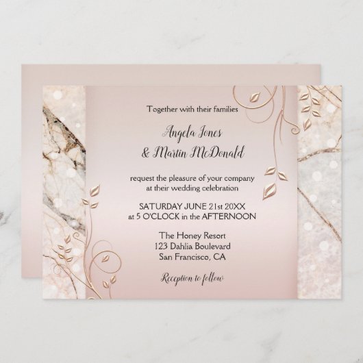 エレガントな大理石のばら色の金ゴールドの花柄の結婚式招待状 招待状 (正面/裏面)