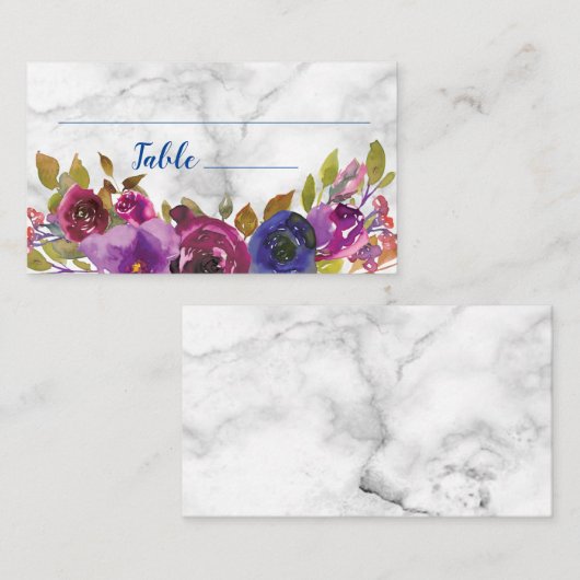 エレガントな大理石の水彩画の花の金ゴールドの結婚 プレイスカード (正面/裏面)