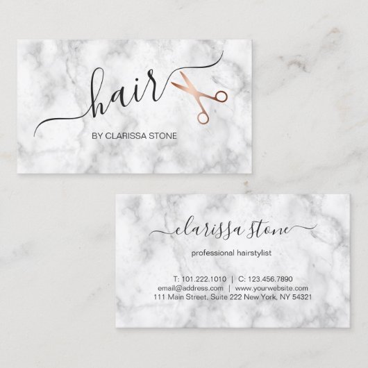 エレガントな大理石及びばら色の金ゴールドのはさみの美容師 名刺 (正面/裏面)