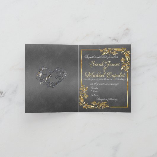 エレガントな大理石、ゴールドの葉のフレームが施されたグレー 案内状 (内部)