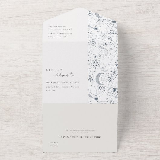 エレガントな天の青い星空の夜の月ウェディング オールインワン招待状 (外側)