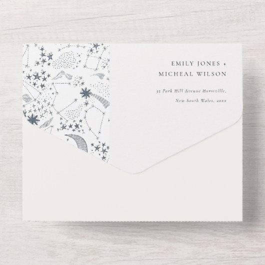 エレガントな天の青い星空の夜の月ウェディング オールインワン招待状 (裏面)