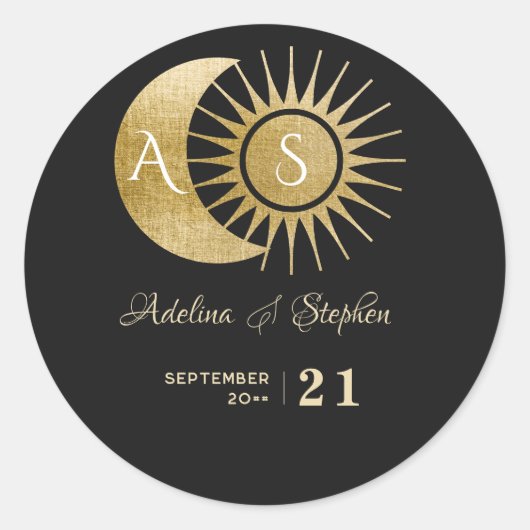 エレガントな天体ブラックゴールドサン ムーン モノグラム クレスト ラウンドシール (正面)