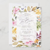 エレガントな女の子のカリグラフィー花フレーム洗礼 招待状 (正面)