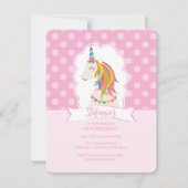 エレガントな女の子のピンクの虹のユニコーンの誕生日 招待状 (正面)