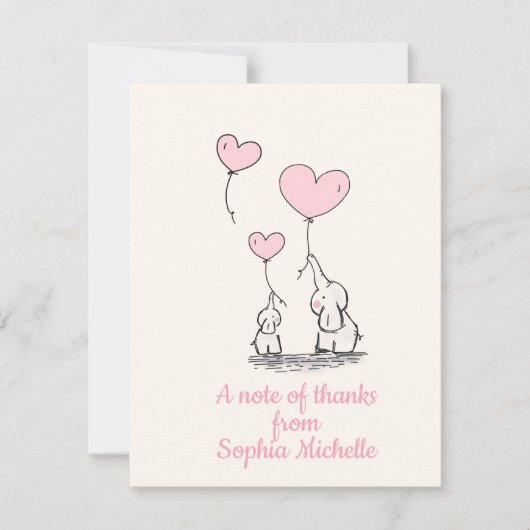 エレガントな女の赤ちゃんのピンクのハート気球及び象 サンキューカード (正面)