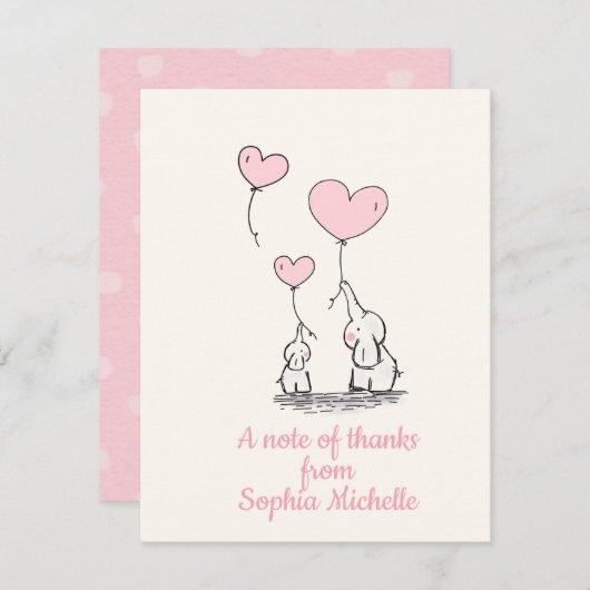 エレガントな女の赤ちゃんのピンクのハート気球及び象 サンキューカード (正面/裏面)