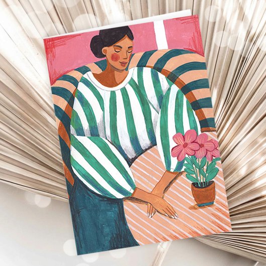 エレガントな女性がリラックス 花のある芸術的なグリーティング カード