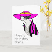 エレガントな女性のワイドブリムドハット アートデコ バースデー カード (黄色い花)