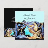 エレガントな女性の美しさのジュエリー/レディ、青いリボン、花 セーブザデート (正面/裏面)