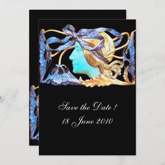 エレガントな女性の美しさのジュエル / レディ、ブルーのリボン、花 招待状 (正面/裏面)