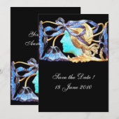 エレガントな女性の美しさの宝石 / レディ、青いリボン、花 招待状 (正面/裏面)