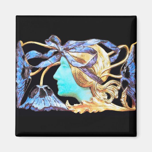 エレガントな女性の美しさ 宝石 / レディ、青いリボン、花 マグネット (正面)