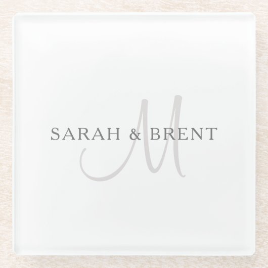 エレガントな姓のイニシャル | 白とグレー ガラスコースター (正面)