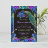 エレガントな孔雀と青い花のキンセアニエラ 招待状 (スタンド正面)