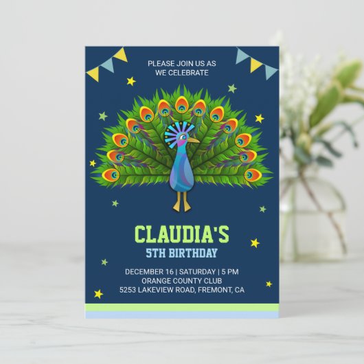 エレガントな孔雀の子供の誕生日のパーティの招待状 招待状 (スタンド正面)