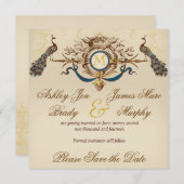 エレガントな孔雀の結婚式お知らせカード セーブザデート (正面/裏面)