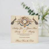 エレガントな孔雀の結婚式お知らせカード セーブザデート (スタンド正面)