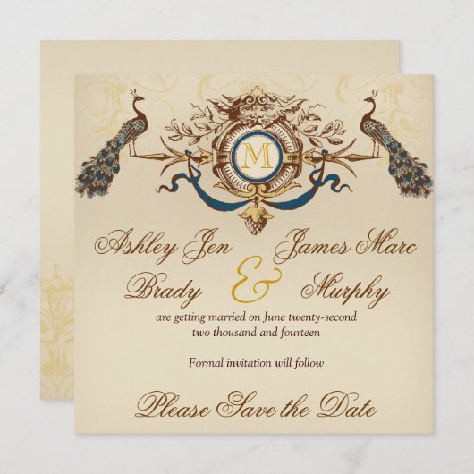 エレガントな孔雀の結婚式招待カードお知らせ セーブザデート (正面/裏面)