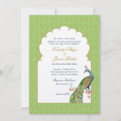 エレガントな孔雀 インドのウェディング ミントグリーン 招待状 (正面)