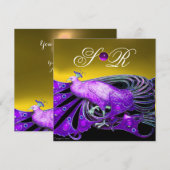 エレガントな孔雀 紫と黄色の結婚式 モノグラム 招待状 (正面/裏面)