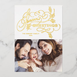 エレガントな季節のグリーティング 家族写真 箔シーズンカード