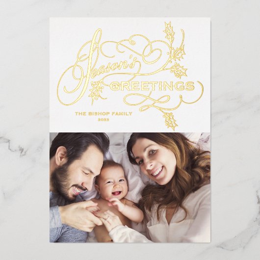 エレガントな季節のグリーティング 家族写真 箔シーズンカード (正面)