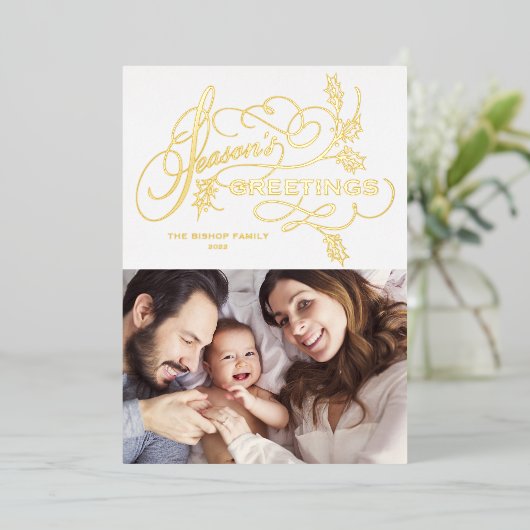 エレガントな季節のグリーティング 家族写真 箔シーズンカード (立ち正面)