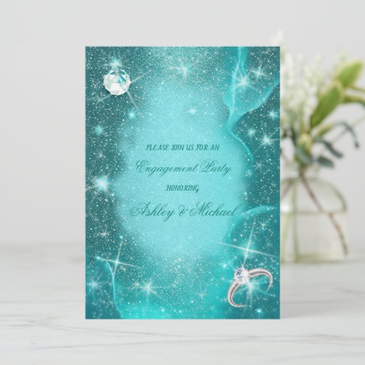 エレガントな宇宙のターコイズグリーンのダイヤモンドがきらきらと輝く 招待状 (スタンド正面)