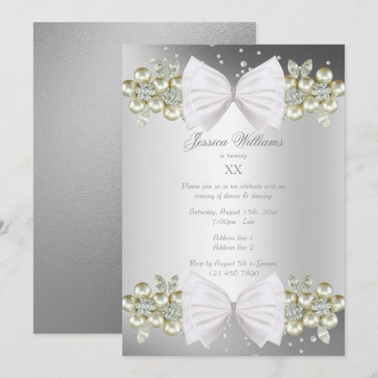 エレガントな宝石とリボンのシルバー 誕生日 招待状 (正面/裏面)