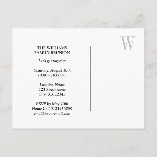 エレガントな家族会のモノグラムの保存日付 案内ポストカード (裏面)