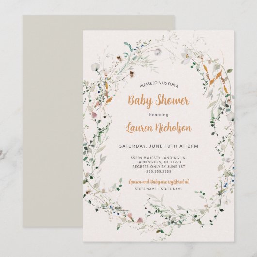 エレガントな小さな野の花のベイビーシャワー 招待状 (正面/裏面)