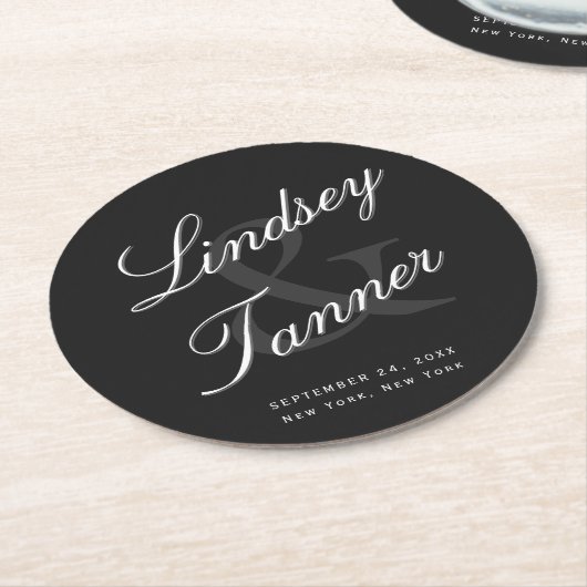 エレガントな尾行された原稿の結婚式の花嫁及び新郎 ラウンドペーパーコースター (アングル)