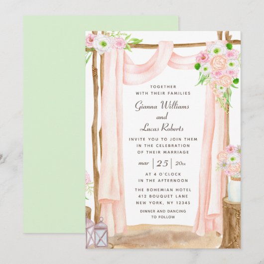 エレガントな屋外水彩ピンクの花の結婚式 招待状 (正面/裏面)