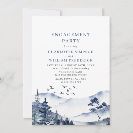エレガントな山々と森林のエンゲージメントパーティー 招待状 (正面)