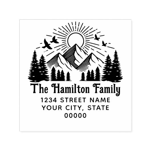 エレガントな山々 木々 太陽 鳥たち #2 名前 住所 セルフインキングスタンプ (デザイン)