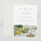 エレガントな川のクルーズ 国の風景 水彩画 セーブザデート (正面/裏面)