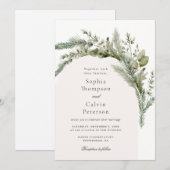エレガントな常緑樹の冬のグリーンウェディング 招待状 (正面/裏面)