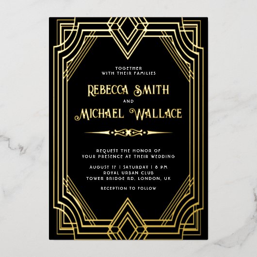 エレガントな幾何学アートデコウェディング ブラックゴールド 箔招待状 (正面)