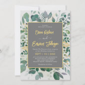 エレガントな幾何学フレームの葉, グレーウェディング 招待状 (正面)