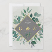 エレガントな幾何学フレームの葉, グレーウェディング 招待状 (裏面)