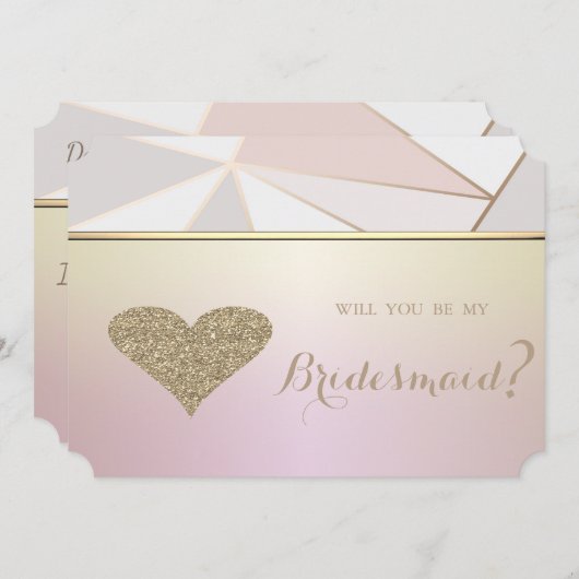 エレガントな幾何学模様のグリッター ハート ブライズメイド カード (正面/裏面)