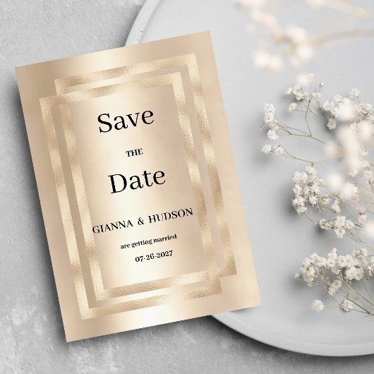 エレガントな幾何学模様のシャンパンゴールド Save the Date 招待状