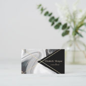 エレガントな幾何学模様のブラック＆ホワイト大理石ゴールドストライプ 名刺 (スタンド正面)