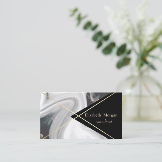 エレガントな幾何学模様のブラック&ホワイト大理石ゴールドストライプ 名刺 (スタンド正面)